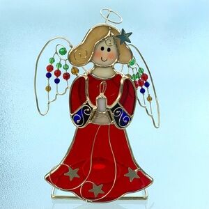 Stained Glass Angel Holiday Decor - Red and Gold